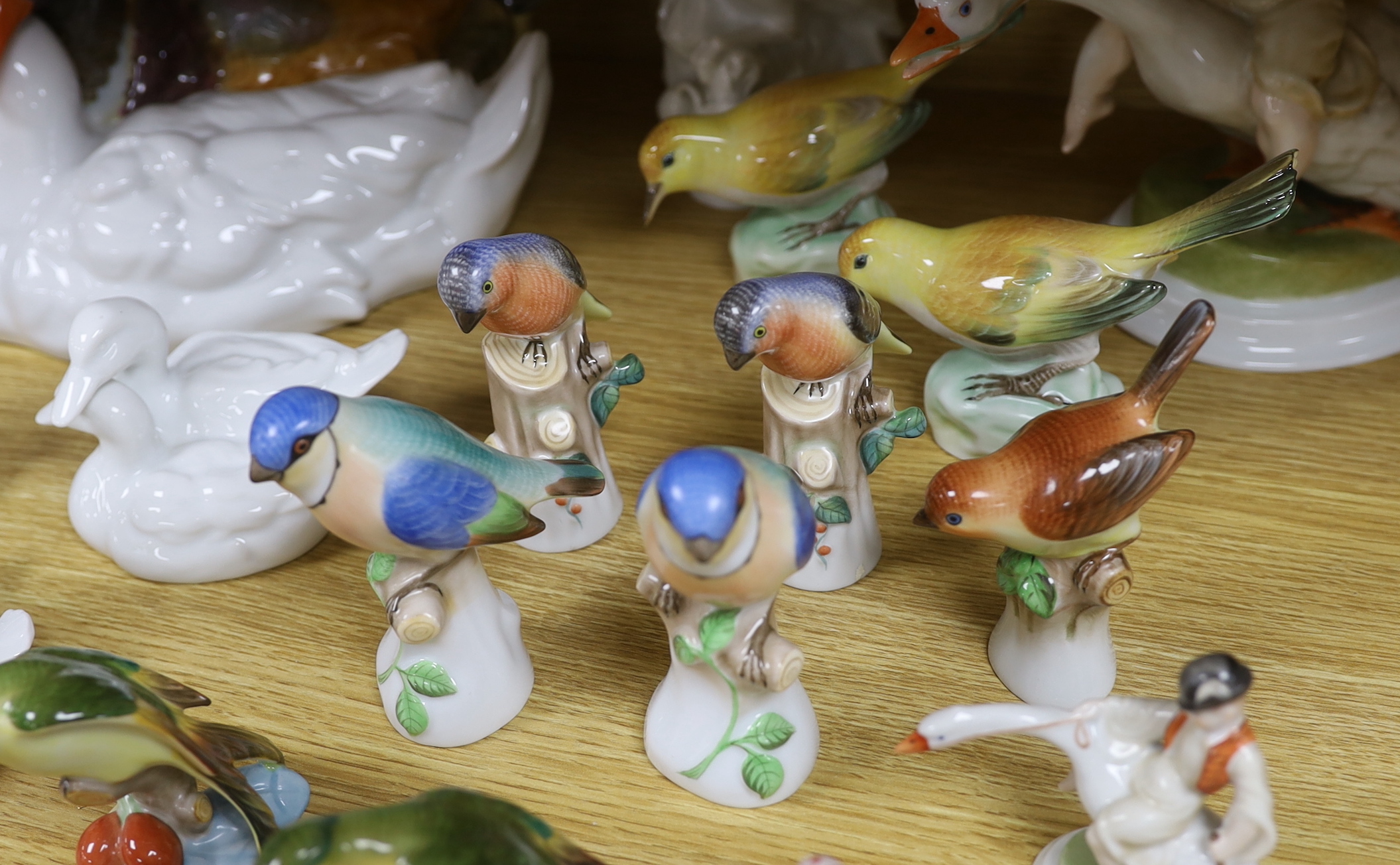 Seventeen Herend porcelain bird figures including boy riding a goose and ducks, some with hand painted decoration, the largest 30cm wide